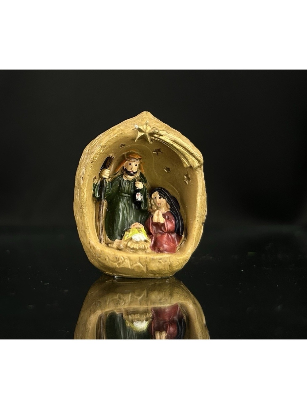 Nativity Scene Miniature Baby Jesus Mary & Joseph Inside Walnut 2" Made of Resin